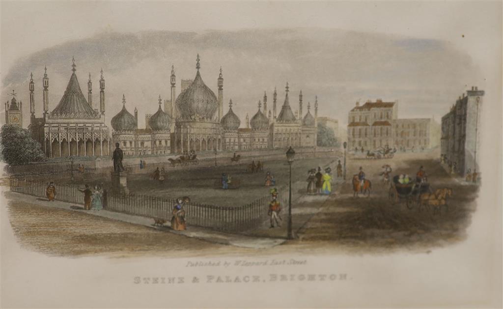 John Bruce, coloured aquatint, Brighton Chain Pier 1832, 23 x 32cm, and a coloured engraving, Steine and Palace, 15 x 21cm